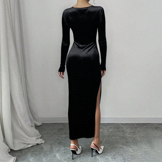 Velvet Maxi Dress Black Square Neck - Black