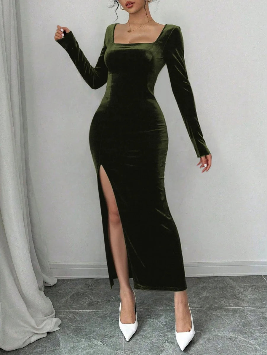Velvet Maxi Dress Black Square Neck - Olive Green