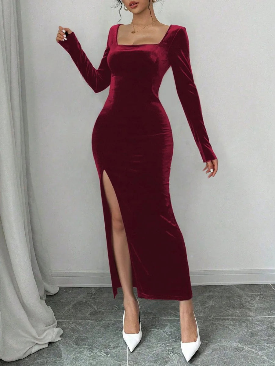 Velvet Maxi Dress Black Square Neck - Wine Red