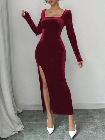 Velvet Maxi Dress Black Square Neck - Wine Red