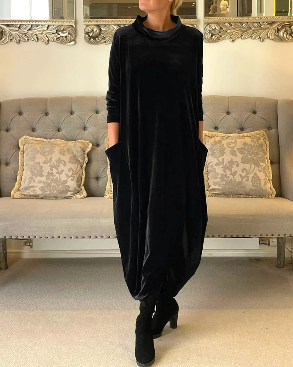 Velvet Maxi Dress Red Relaxed Funnel - Black