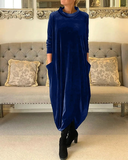 Velvet Maxi Dress Red Relaxed Funnel - Blue