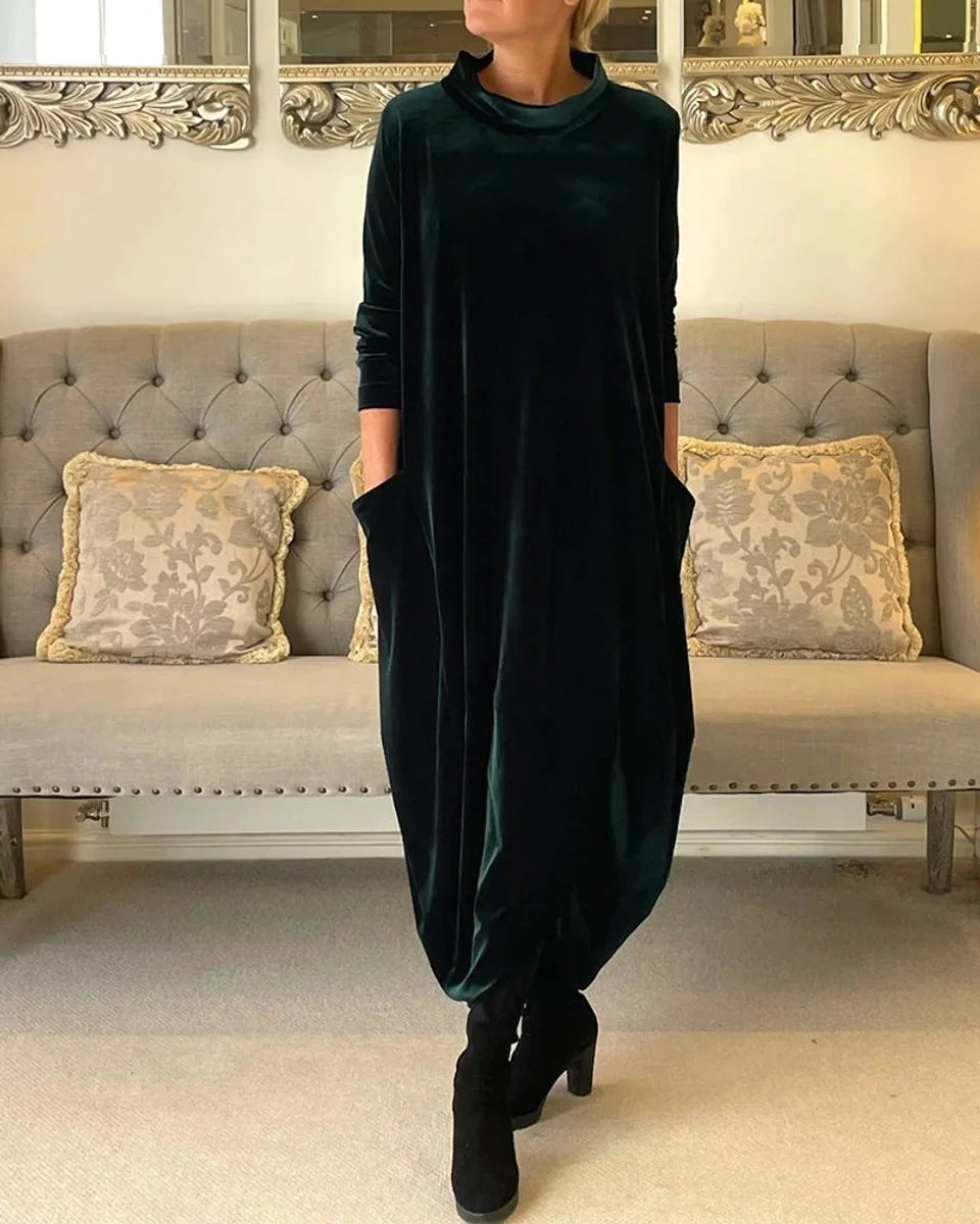 Velvet Maxi Dress Red Relaxed Funnel - Green