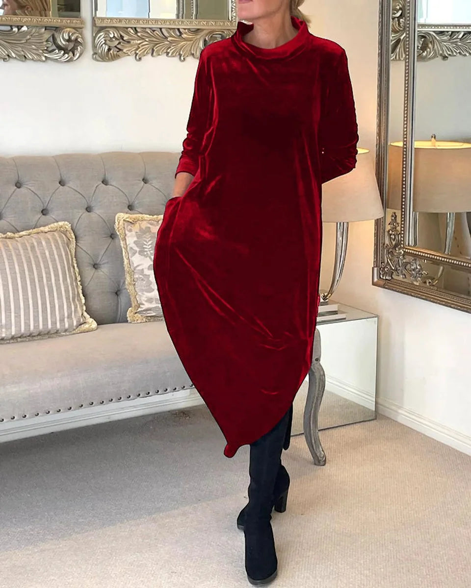 Velvet Maxi Dress Red Relaxed Funnel - Red