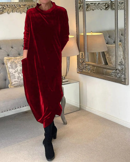 Velvet Maxi Dress Red Relaxed Funnel - Red