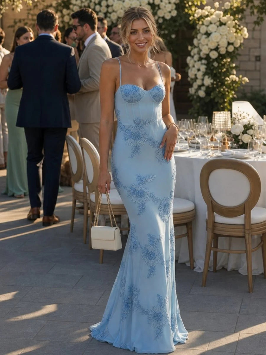 Lace Maxi Dress Black Corset Bodice - Sky Blue