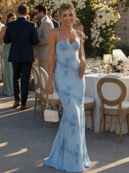 Lace Maxi Dress Black Corset Bodice - Sky Blue