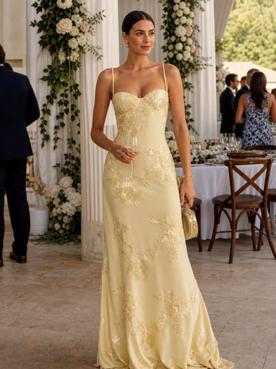 Lace Maxi Dress Black Corset Bodice - Yellow