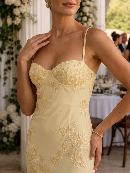 Lace Maxi Dress Black Corset Bodice - Yellow