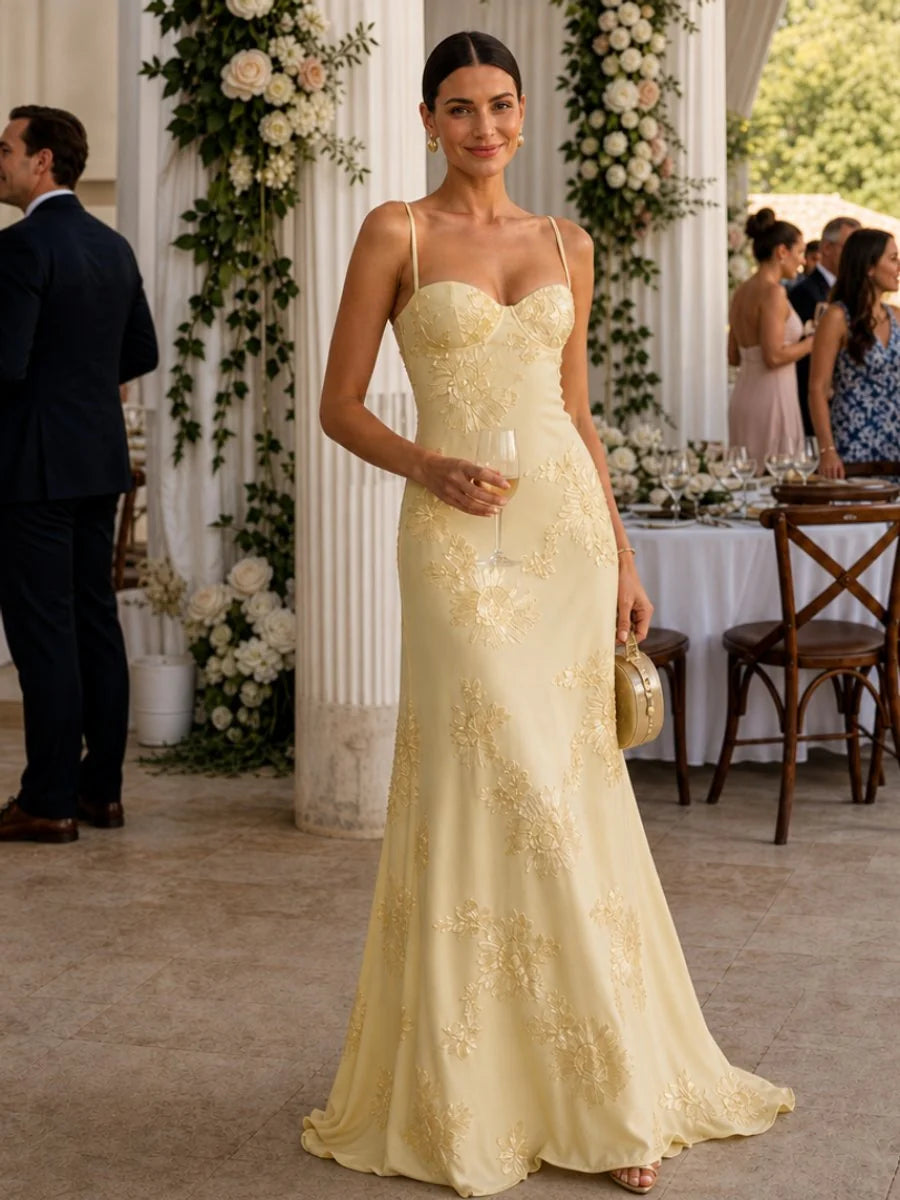 Lace Maxi Dress Black Corset Bodice - Yellow