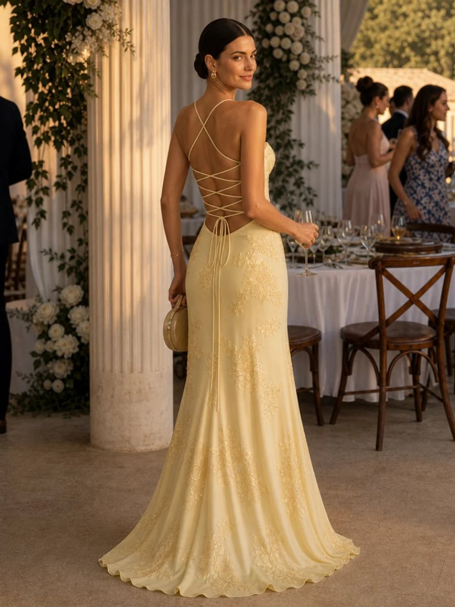 Lace Maxi Dress Black Corset Bodice - Yellow