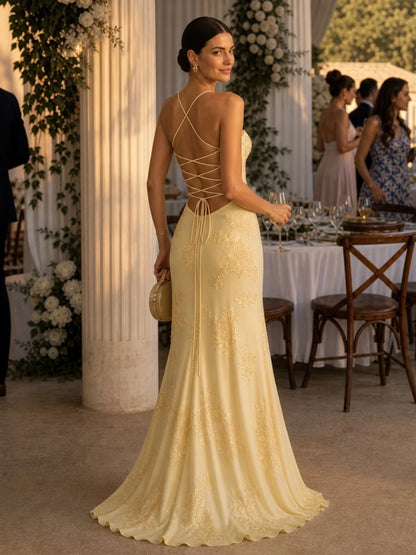 Lace Maxi Dress Black Corset Bodice - Yellow