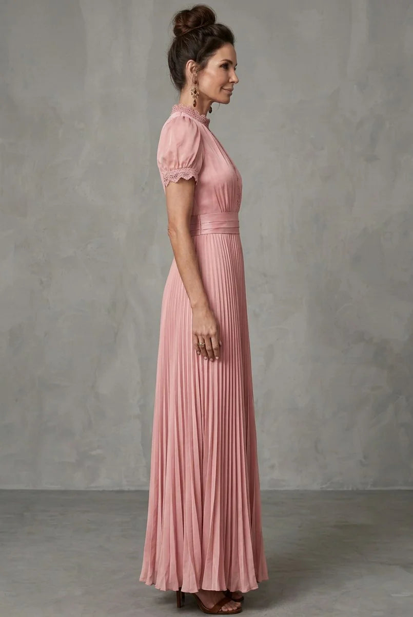 Lace Maxi Dress Blush Pleated - Blush