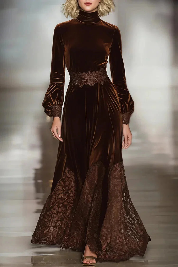 Lace Maxi Dress Brown Velvet Turtleneck - Brown