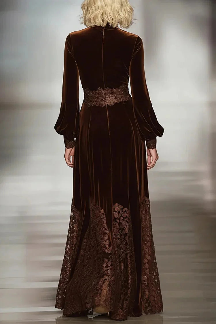 Lace Maxi Dress Brown Velvet Turtleneck - Brown