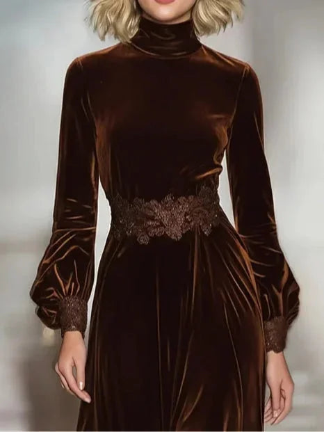 Lace Maxi Dress Brown Velvet Turtleneck - Brown