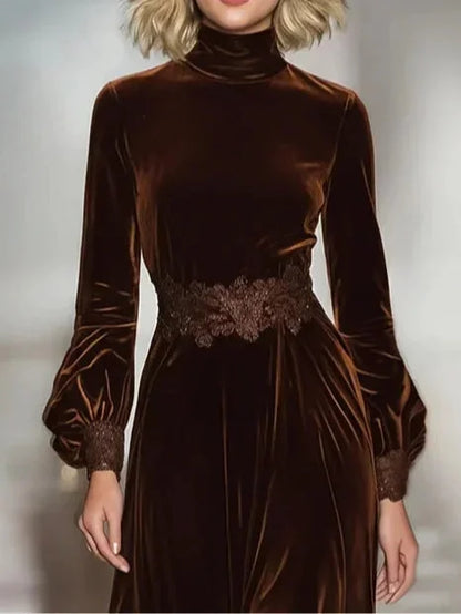 Lace Maxi Dress Brown Velvet Turtleneck - Brown