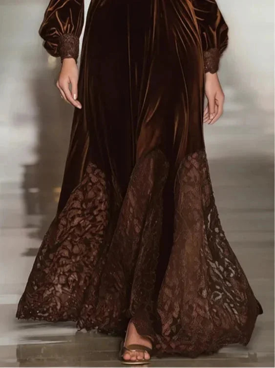 Lace Maxi Dress Brown Velvet Turtleneck - Brown