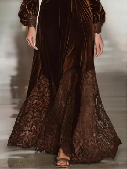 Lace Maxi Dress Brown Velvet Turtleneck - Brown