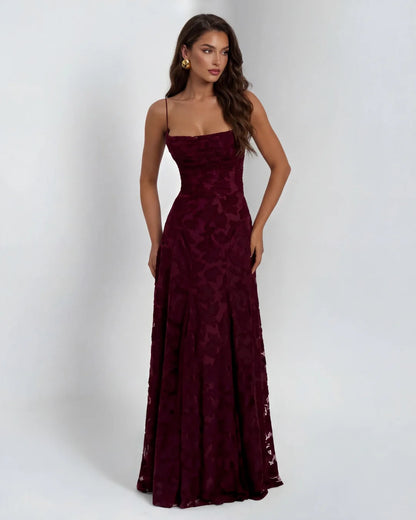 Lace Maxi Dress Burgundy Floral Straps - Burgundy