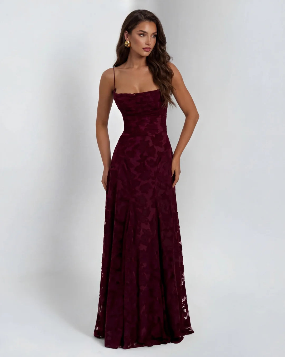 Lace Maxi Dress Burgundy Floral Straps - Burgundy
