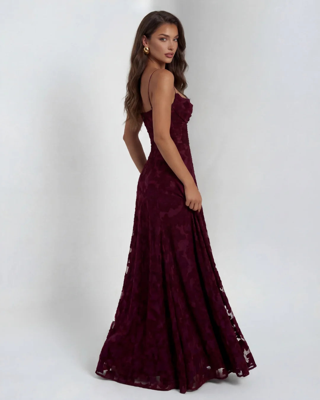 Lace Maxi Dress Burgundy Floral Straps - Burgundy