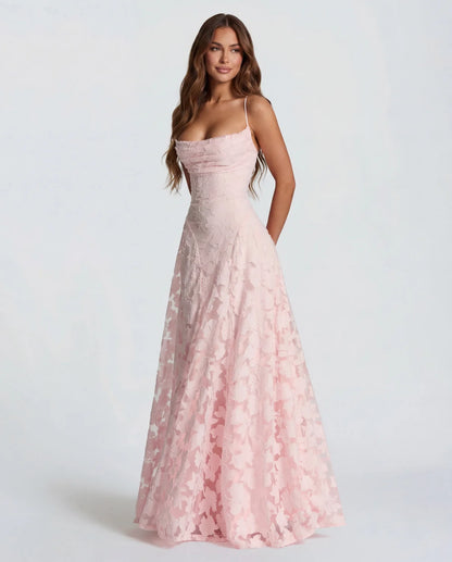 Lace Maxi Dress Burgundy Floral Straps - Pink