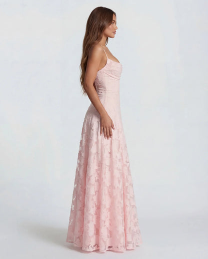 Lace Maxi Dress Burgundy Floral Straps - Pink