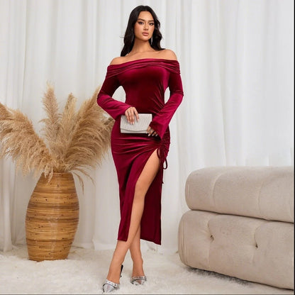 Velvet Maxi Dress Burgundy Off Shoulder - Burgundy