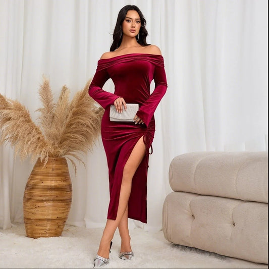 Velvet Maxi Dress Burgundy Off Shoulder - Burgundy