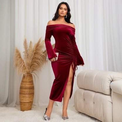 Velvet Maxi Dress Burgundy Off Shoulder - Burgundy