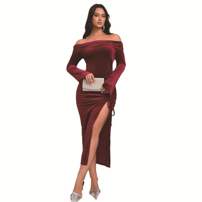 Velvet Maxi Dress Burgundy Off Shoulder - Burgundy