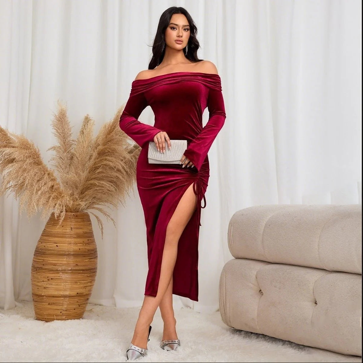 Velvet Maxi Dress Burgundy Off Shoulder - Burgundy
