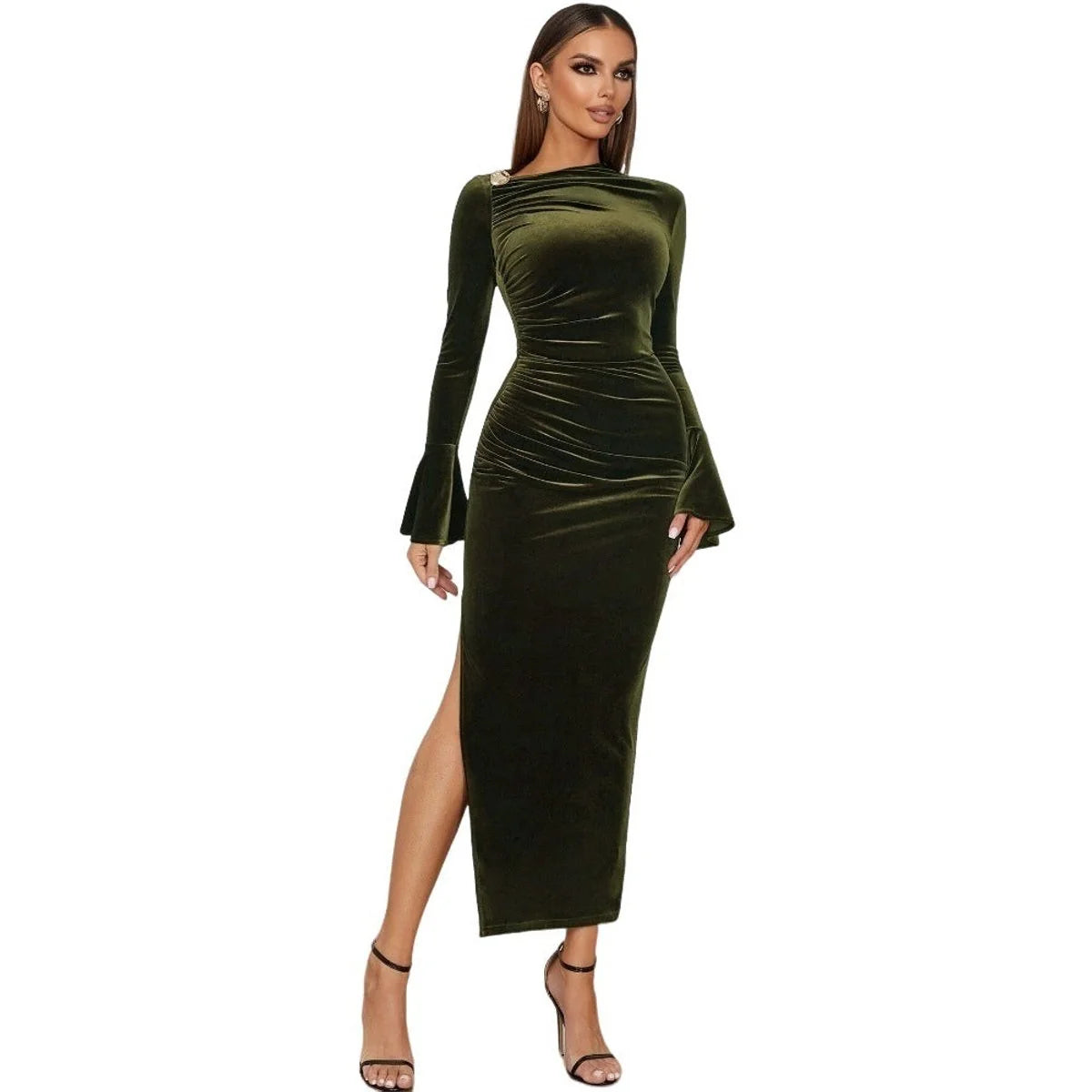 Velvet Maxi Dress Olive Ruched - Olive