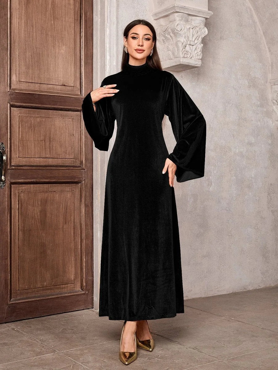 Velvet Maxi Dress Wine Red Mock-Neck - Black