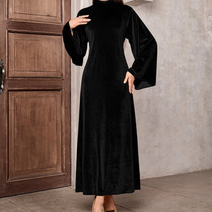 Velvet Maxi Dress Wine Red Mock-Neck - Black