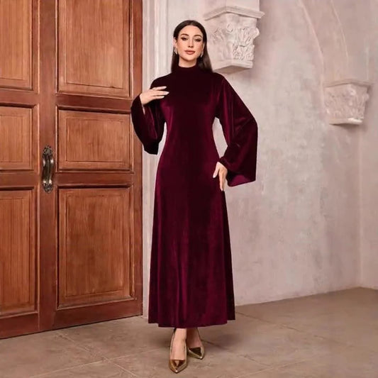 Velvet Maxi Dress Wine Red Mock-Neck - Wine Red