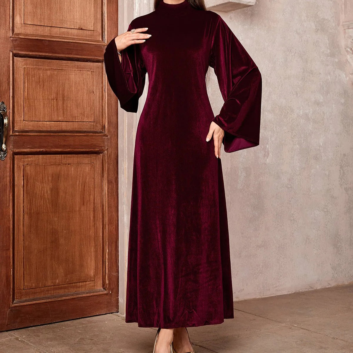Velvet Maxi Dress Wine Red Mock-Neck - Wine Red
