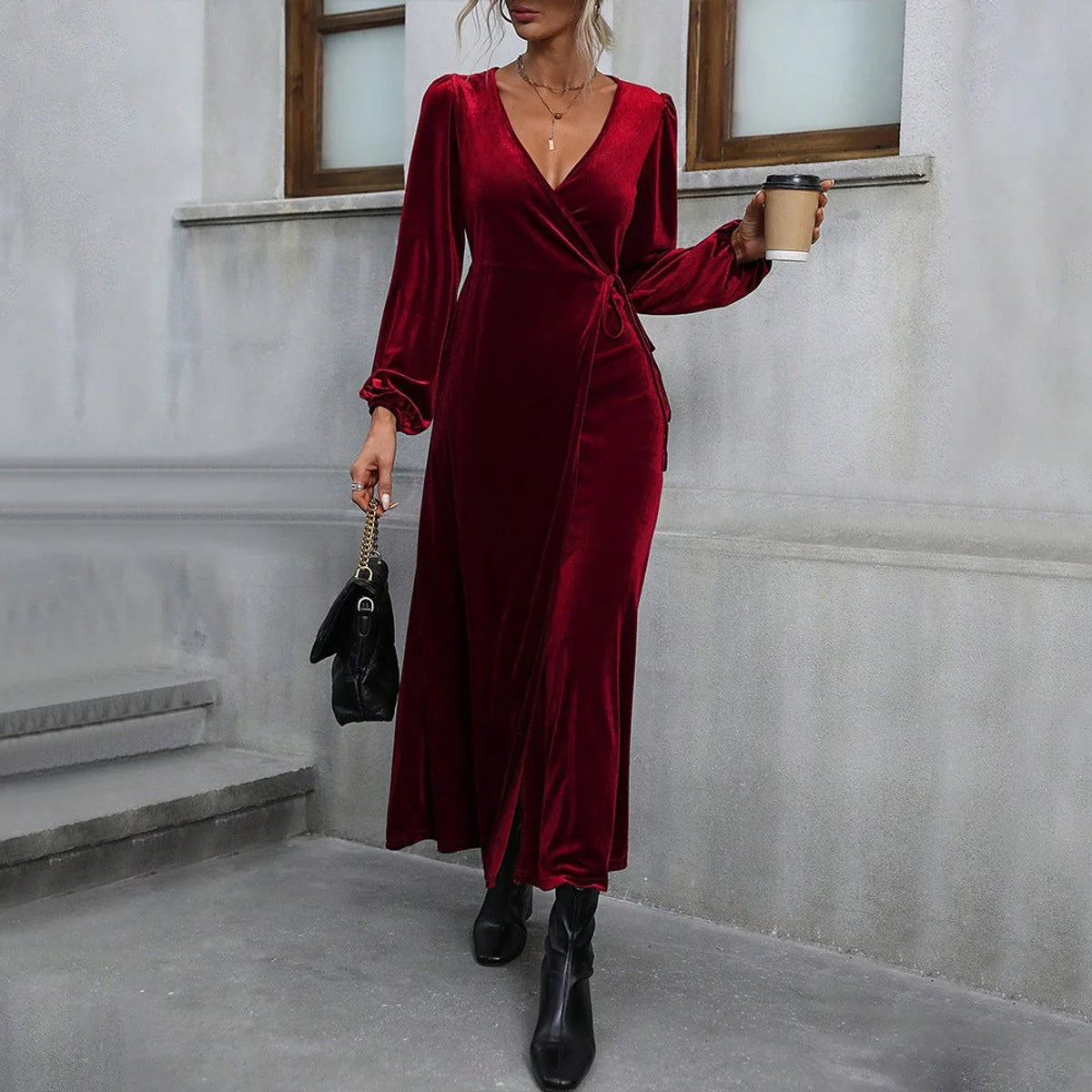 Velvet Maxi Dress Wine Red Wrap - Wine Red