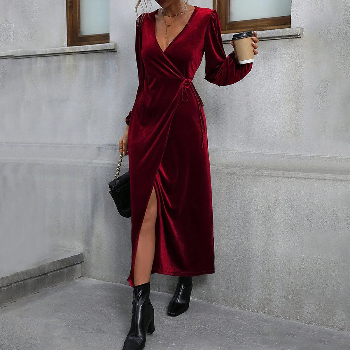 Velvet Maxi Dress Wine Red Wrap - Wine Red