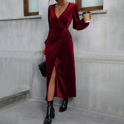 Velvet Maxi Dress Wine Red Wrap - Wine Red