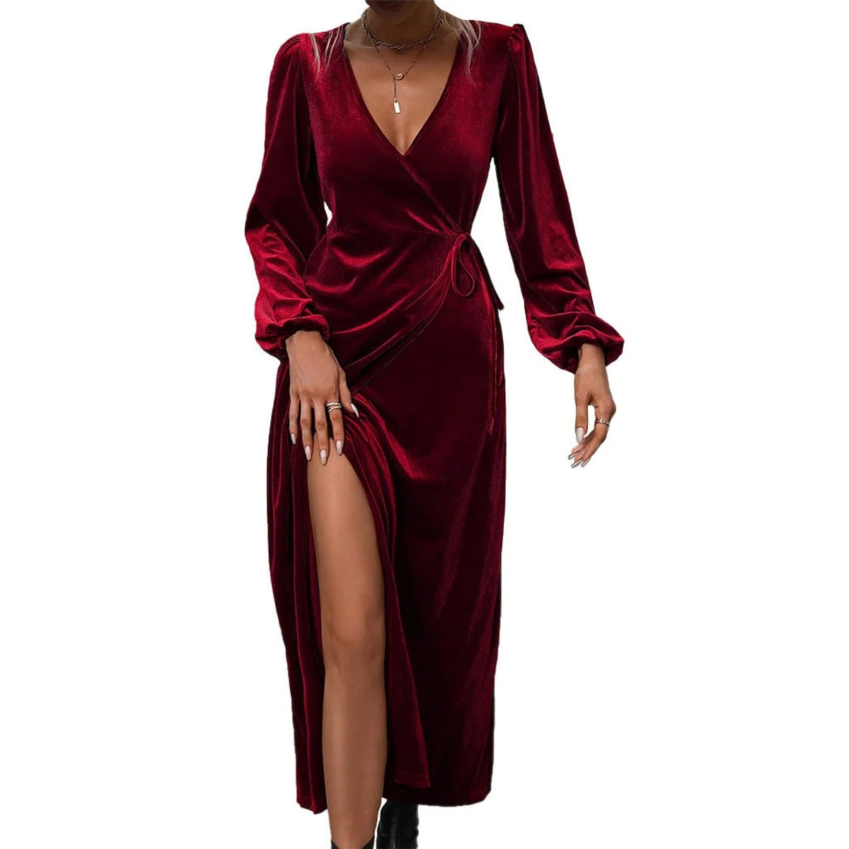 Velvet Maxi Dress Wine Red Wrap - Wine Red