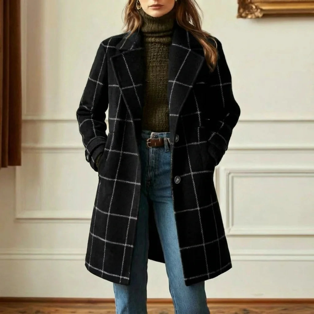 Wool Coat Black Check Lapel - Black