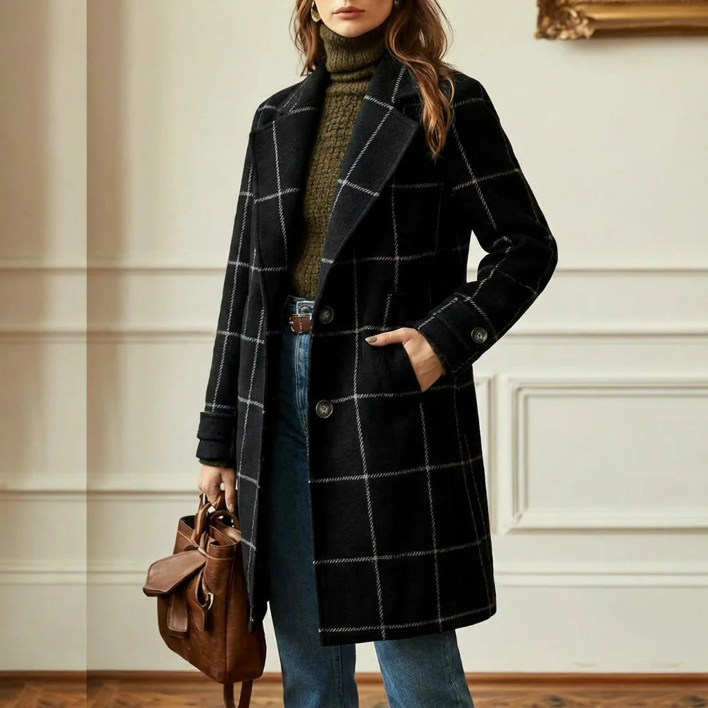 Wool Coat Black Check Lapel - Black