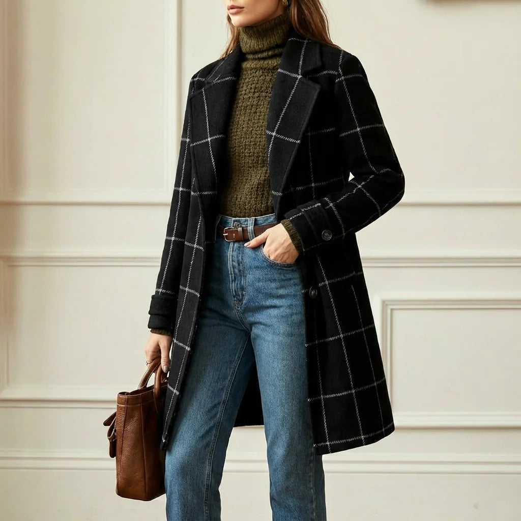 Wool Coat Black Check Lapel - Black