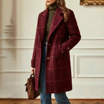 Wool Coat Black Check Lapel - Burgundy
