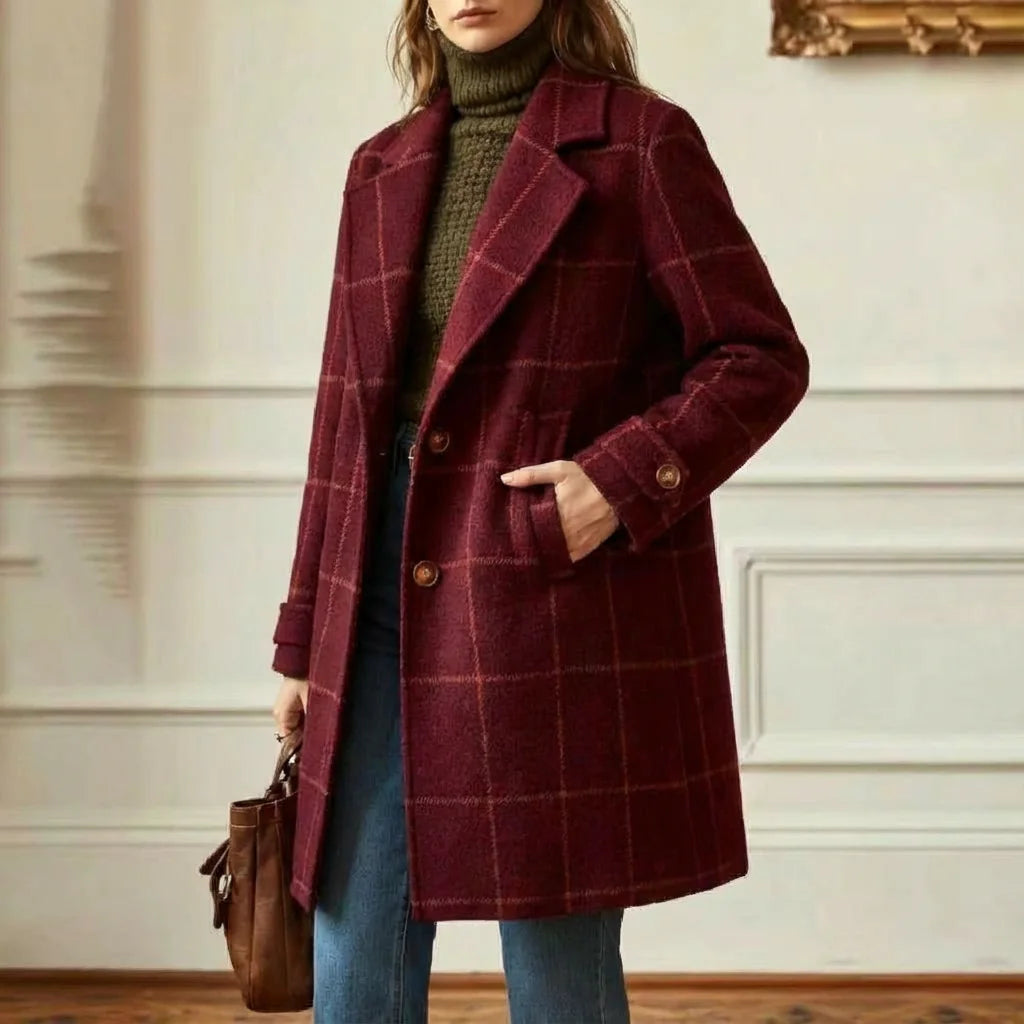 Wool Coat Black Check Lapel - Burgundy