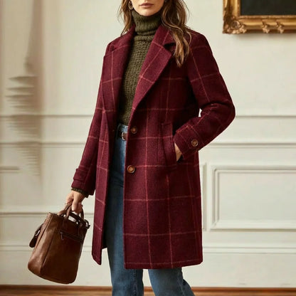 Wool Coat Black Check Lapel - Burgundy