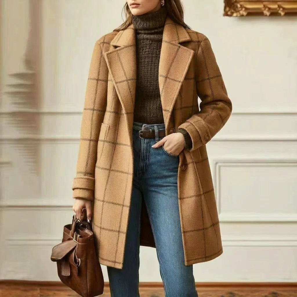 Wool Coat Black Check Lapel - Camel
