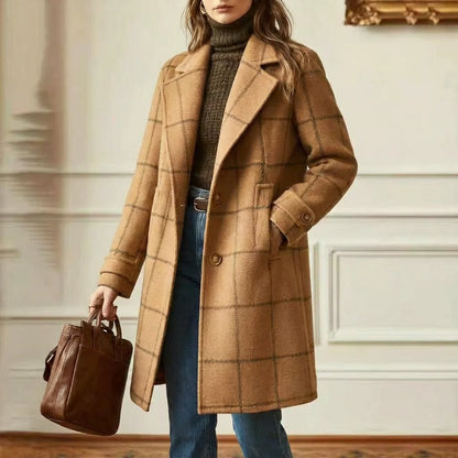 Wool Coat Black Check Lapel - Camel